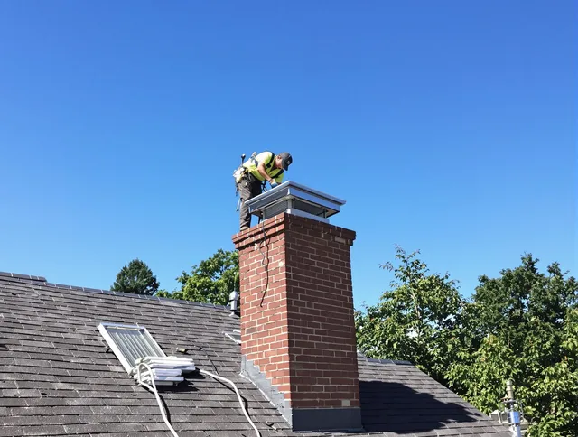 Medina Chimney Sweep technician measuring a chimney cap in Medina, OH